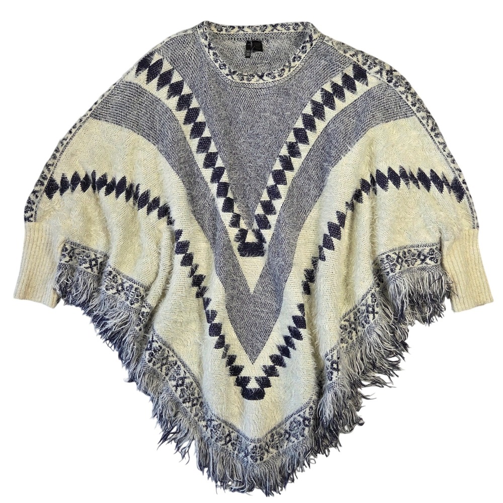 Kaktus Womens One‎ Size Cream Navy Aztec Fringe Knit Poncho Sweater Boho Western
